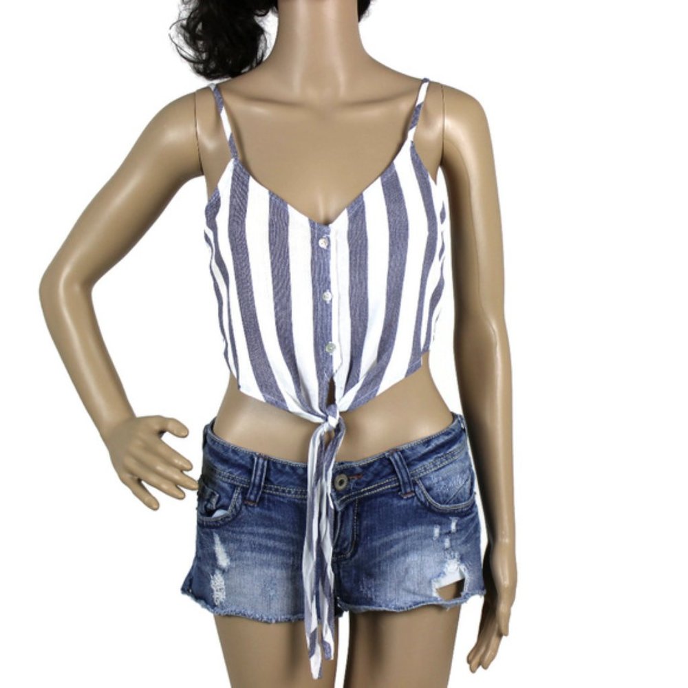 Blue White Striped Crop Top Sleeveless Front Tie